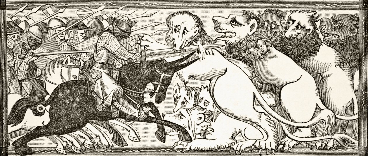 Kuinka Aleksanteri taisteli härkien kokoisia valkoisia leijonia vastaan 1200-luvun käsikirjoituksen pienoismallin jälkeen Paul Lacroixin teoksesta "Science and Literature in the Middle Ages", 1878 tekijältä English School