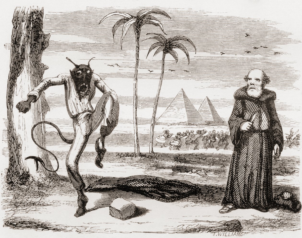 "Kuinka hän hyppäsi, hyppäsi, karjui ja karjui", kuvitus George Cruikshankin mukaan runolle "The Lay of St. Medard", Thomas Ingoldsbyn teoksesta "The Ingoldsby Legends or Mirth and Marvels", julkaistu vuonna tekijältä English School