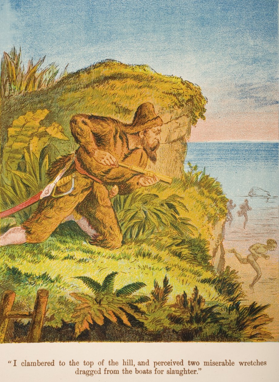 "Kiipesin mäen huipulle ja näin kaksi kurjaa kurjaa, jotka raahattiin veneistä teurastettaviksi.", kuvitus Daniel Defoen (1660-1731) teoksesta "Robinson Crusoe" noin 1860-luku (chromolitho) tekijältä English School