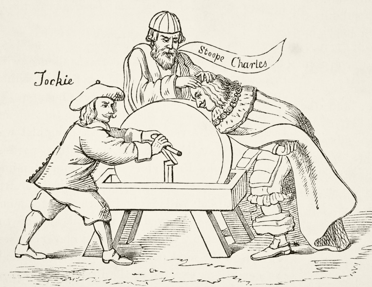 Kuningas Kaarle I skotlantilaisen presbyteerisen suvaitsemattomuuden myllytyskivellä, William Hickman Smith Aubreyn (1858-1916) teoksesta The National and Domestic History of England (Englannin kansallinen ja kotimainen historia), julkaistu Lontoossa noin  tekijältä English School