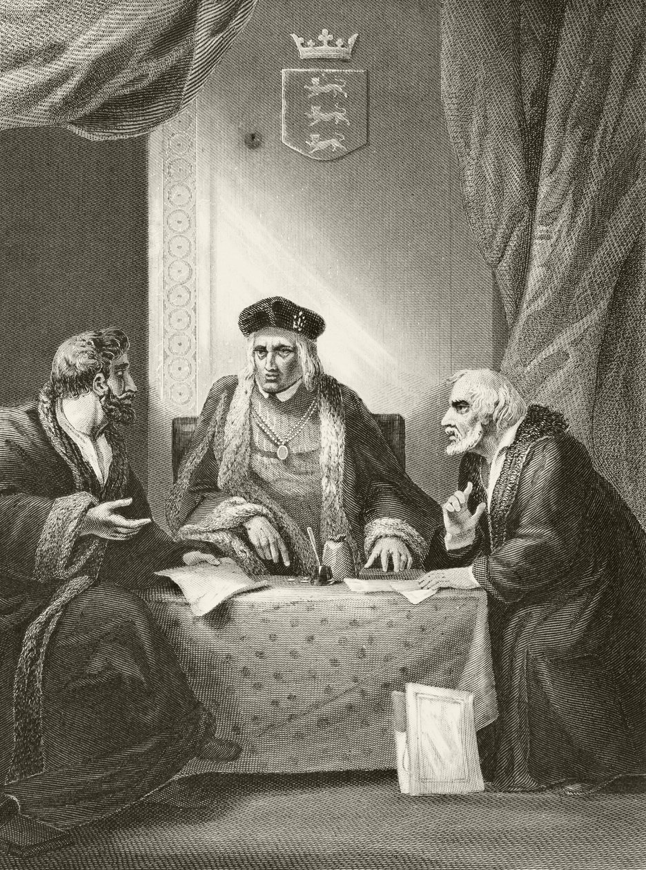 Englannin kuningas Henrik VII Sir Richard Empsonin ja Edmund Dudleyn kanssa, William Hickman Smith Aubreyn (1858-1916) julkaisusta The National and Domestic History of England, julkaistu Lontoossa, noin 1890 tekijältä English School