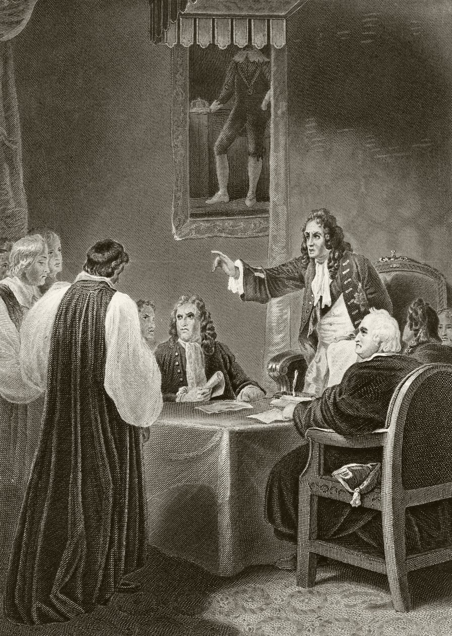Englannin kuningas James II kohtaa piispat Privy Councilissa, 1688, William Hickman Smith Aubreyn (1858-1916) Lontoossa n. 1890 julkaistusta teoksesta The National and Domestic History of England. tekijältä English School