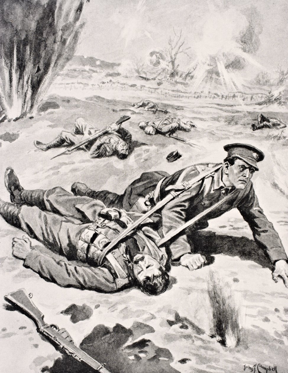 Lance-Corporal Joseph Tombs VC, kasama ang isa sa apat na sugatang kasama na iniligtas niya malapit sa Armentieres, France, ika-16 ng Hunyo 1915, mula sa 