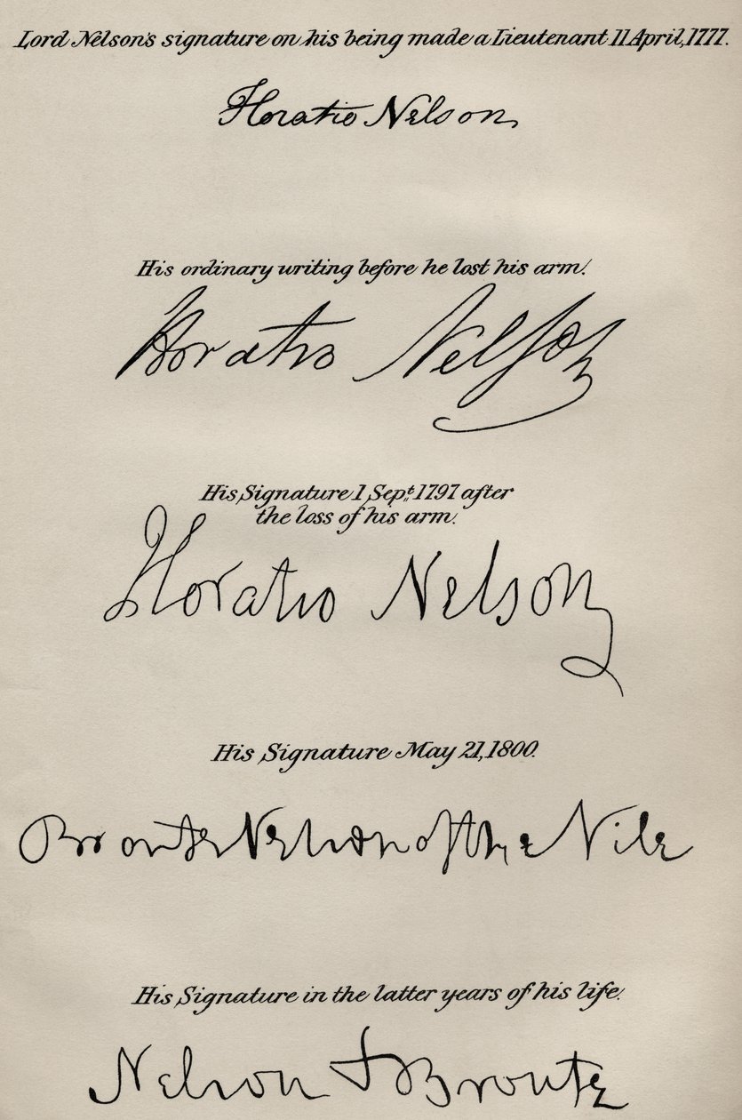 Lordi Nelsonin allekirjoitukset ennen ja jälkeen hänen oikean käsivartensa, Robert Southeyn (1774-1843) teoksesta "The Life of Nelson", joka julkaistiin ensimmäisen kerran vuonna 1813 (katso myös 234260 ja 237021 lisätietoja) tekijältä English School