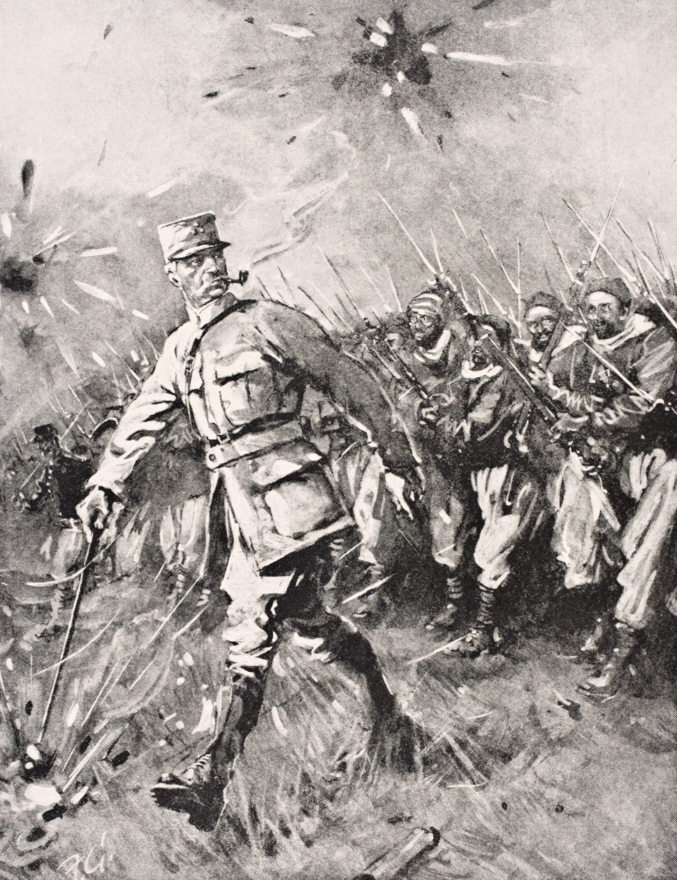 Majuri Jean-Baptiste Marchand, piippu suussa, keppi kädessä, johtaa Zouaven ja Marokon yksiköitä Saksan vihollisen länsirintamaa vastaan vuonna 1915, Lontoossa 1916 julkaistusta The War Illustrated Album deLuxe -albumista ( tekijältä English School