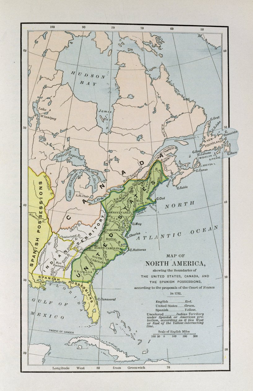 Pohjois-Amerikan kartta, jossa näkyvät Yhdysvaltojen, Kanadan ja Espanjan omistusalueiden rajat Ranskan tuomioistuimen vuonna 1782 tekemän ehdotuksen mukaisesti kirjasta "The Narrative and Critical Histo" tekijältä English School