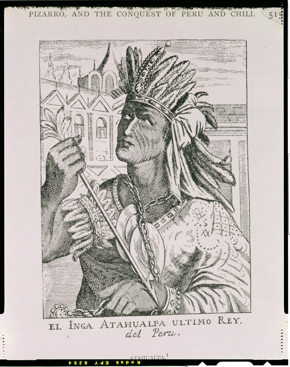 Viimeisen inkojen päällikön Atahualpan muotokuva julkaisusta The Narrative and Critical History of America, toimittanut Justin Winsor, Lontoo, 1886 (kaiverrus) tekijältä English School