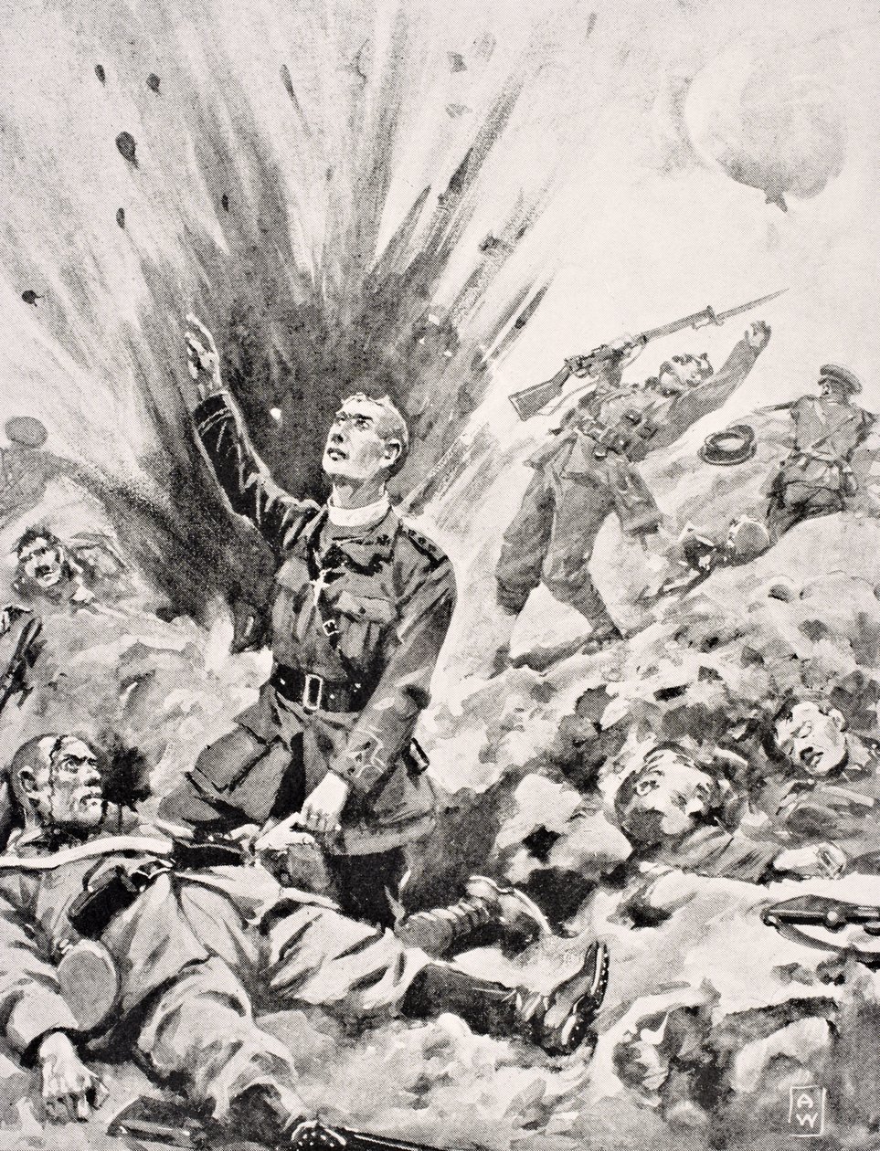 Pastori John Gwynn irlantilaiskaartin kapteeni antoi viimeisen sakramentin kuolevalle saksalaissotilaalle juuri ennen kuin hän itse kuoli 70. kukkulalla Loosin taistelussa Ranskassa lokakuussa 1915 The War Illustrasta. tekijältä English School