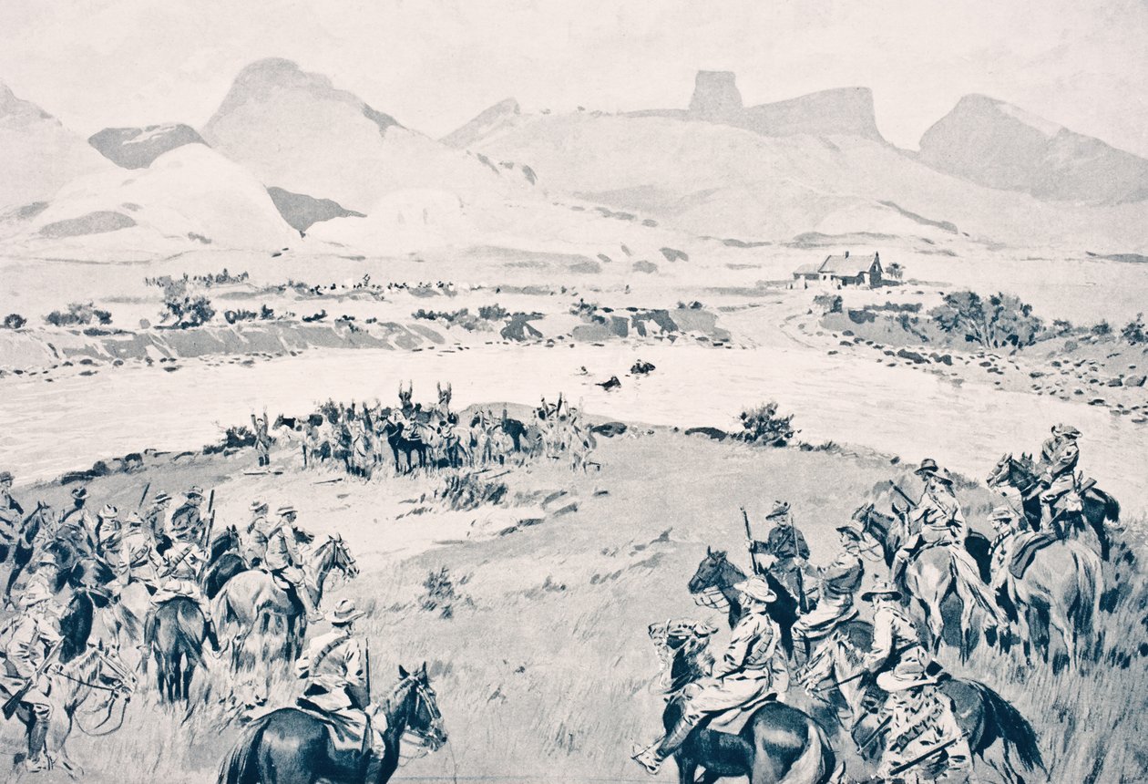 Etelä-Afrikka. Beyer-joukot antautuvat Vaal-joella Maritzin kapinan jälkeen, 8. joulukuuta 1914, Lontoossa 1916 julkaistusta "The War Illustrated deLuxesta" tekijältä English School