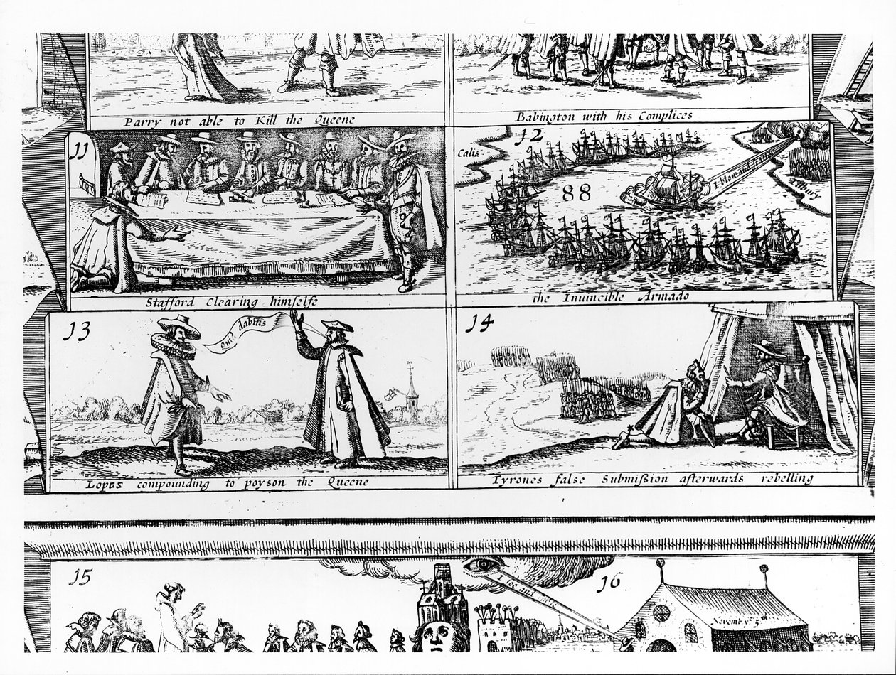 Stafford puhdistamassa itseään, voittamaton armada, Lopas yhdistämässä myrkkyä kuningattarelle, Tyronen valheellinen alistuminen kapinan jälkeen, kaiverrettu Cornelius Danckertsin kaiverruksella (n.1603-56) tekijältä English School