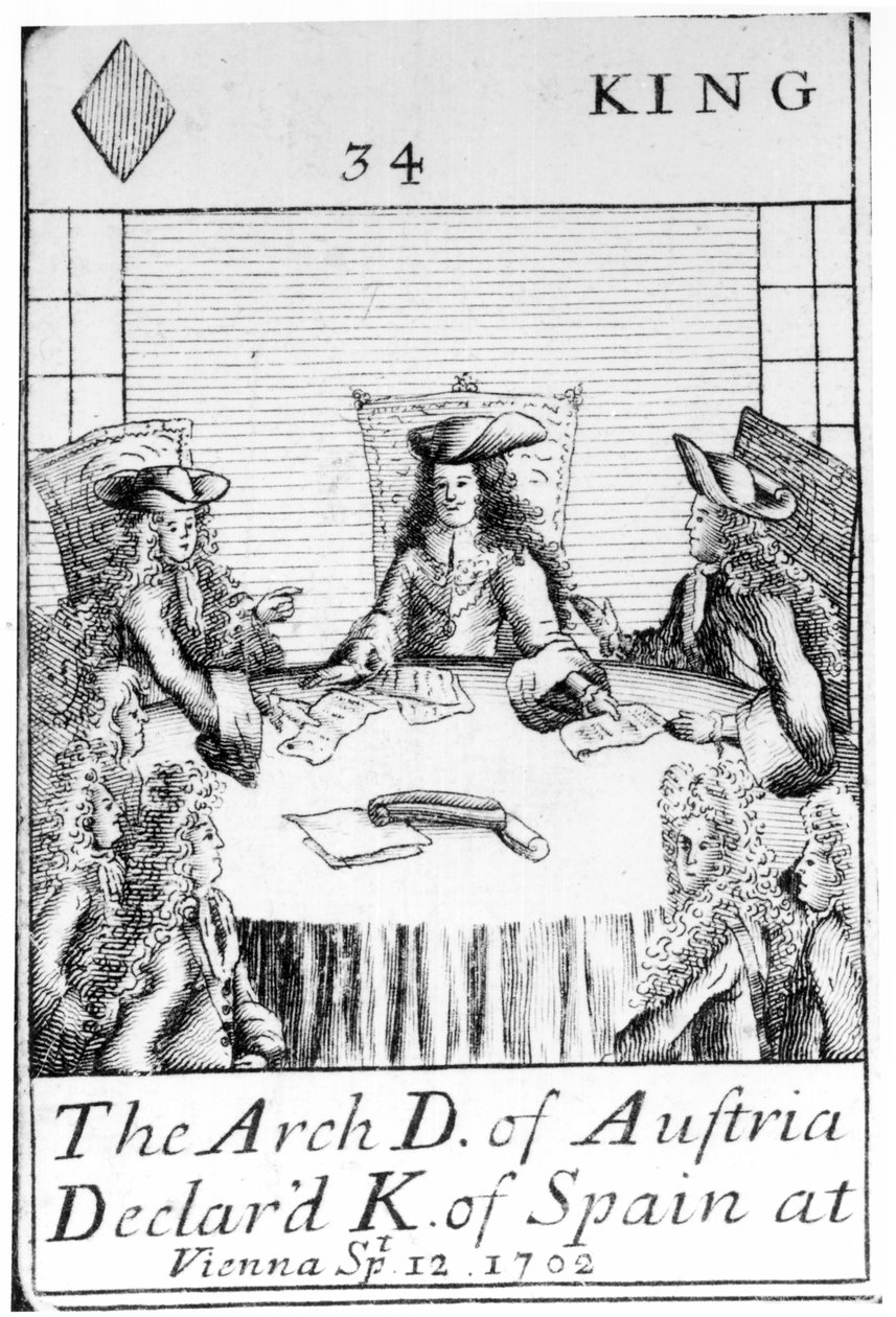Itävallan arkkiherttua julisti Espanjan kuninkaaksi Wienissä, 12. syyskuuta 1702, King of Diamonds -pelikortti sarjasta, joka muistelee Espanjan peräkkäissotaa (1702-13) tekijältä English School