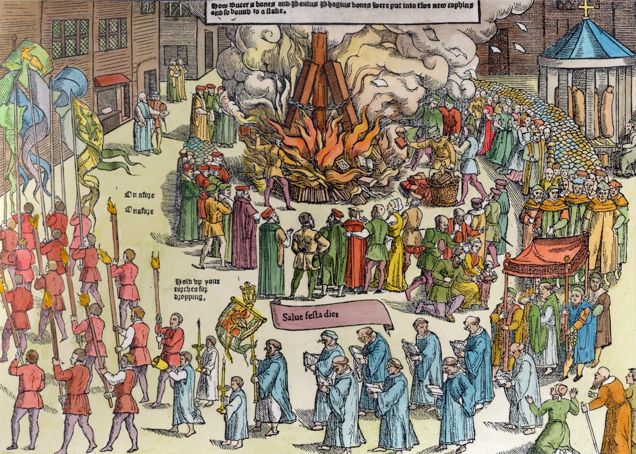 Martin Bucerin (1491-1551) ja Paul Fagiuksen (1504-49) jäänteiden polttaminen Market Hillillä Cambridgessa vuonna 1557 John Foxen (1516-87) teoksesta "Aktiot ja monumentit" 1563 (myöhempi väritys) tekijältä English School
