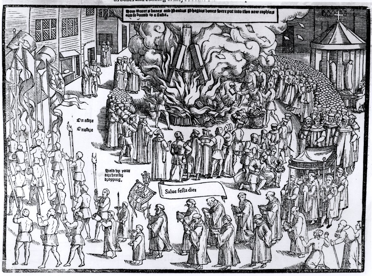 Martin Bucerin (1491-1551) ja Paul Fagiuksen (1504-49) jäänteiden polttaminen Market Hillillä Cambridgessa vuonna 1557, John Foxen (1516-87) teoksesta "Teot ja monumentit" 1563 tekijältä English School
