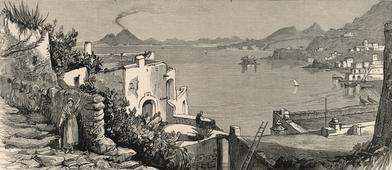 Ischian tuhoisa maanjäristys: Casamicciolan ranta ja kaupunki Laccon kylästä, Graphicista, 4. elokuuta 1883 (kaiverrus) tekijältä English School