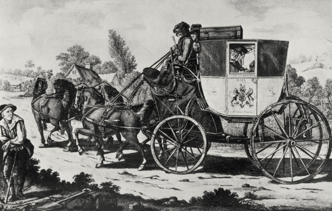 Ensimmäinen postivalmentaja, 1784 (kaiverrus) (bundw-kuva) tekijältä English School