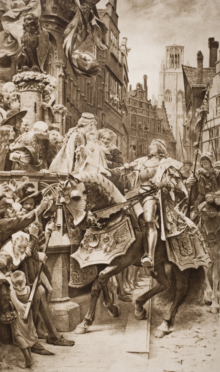 Pyhän Rooman keisari Maximilian I ja hänen vaimonsa Maria Burgundialainen esikoisensa, Philip Gentin kanssa, kuvitus H.G. Wellsin teoksesta "The Outline of History", osa II, julkaistiin vuonna 1920 (litho) tekijältä English School