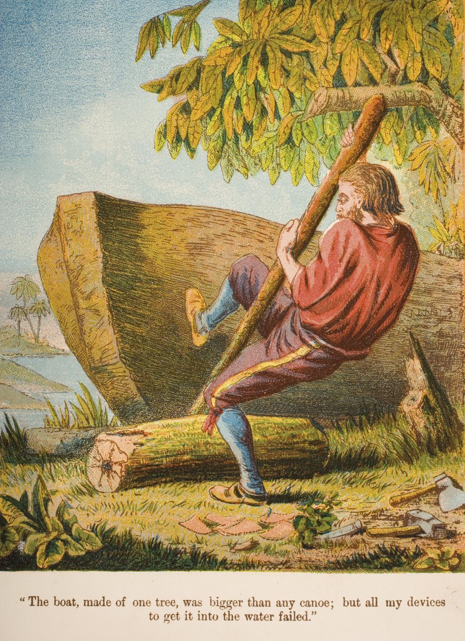 "Yhdestä puusta tehty vene oli suurempi kuin mikään kanootti; mutta kaikki laitteeni, joilla sain sen veteen, epäonnistuivat.", kuva Daniel Defoen (1660-1731) teoksesta "Robinson Crusoe" n. 1860-luku (chromolitho) tekijältä English School