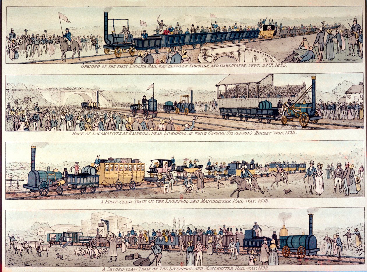 Stocktonin ja Darlingtonin rautatien avaaminen 1825; Veturikilpailu Rainhillissä, lähellä Liverpoolia, voitti George Stephensonin "Rocket", 1829; ensimmäisen luokan juna Liverpoolissa ja Manchester R:ssä tekijältä English School