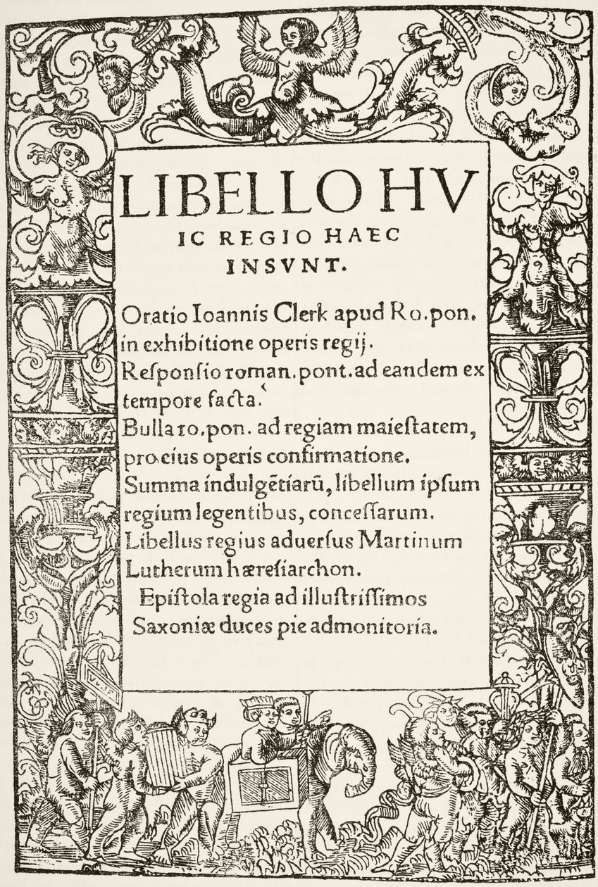 Nimisivu kuningas Henry VIII:n seitsemän sakramentin puolustamisesta, Richard Pynsonin vuonna 1521 painama, William Hickman Smith Aubreyn (1858-1916) teoksesta Englannin kansallinen ja kotimainen historia. tekijältä English School