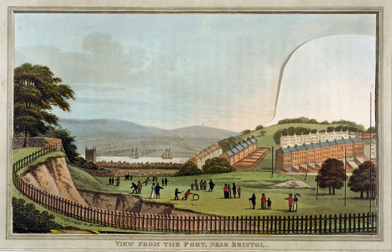 Näkymä Bristolin lähellä sijaitsevasta linnoituksesta, Humphrey Reptonin (1752-1818) teoksesta "Observations on the Theory and Practice of Landscape Gardening" (värillinen akvatintta, jossa on päällekkäisjälki) (katso myös 245522). tekijältä English School