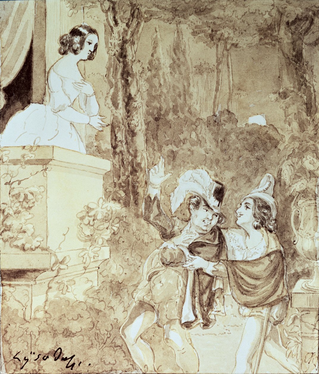 Leporello serenoimassa Elviraa hänen takanaan seisovan Don Giovannin (Don Juanin) varjossa, II näytös I kohtaus Wolfgang Amadeus Mozartin (1756-91) Don Giovannista (kynä ja pesu) tekijältä Austrian School