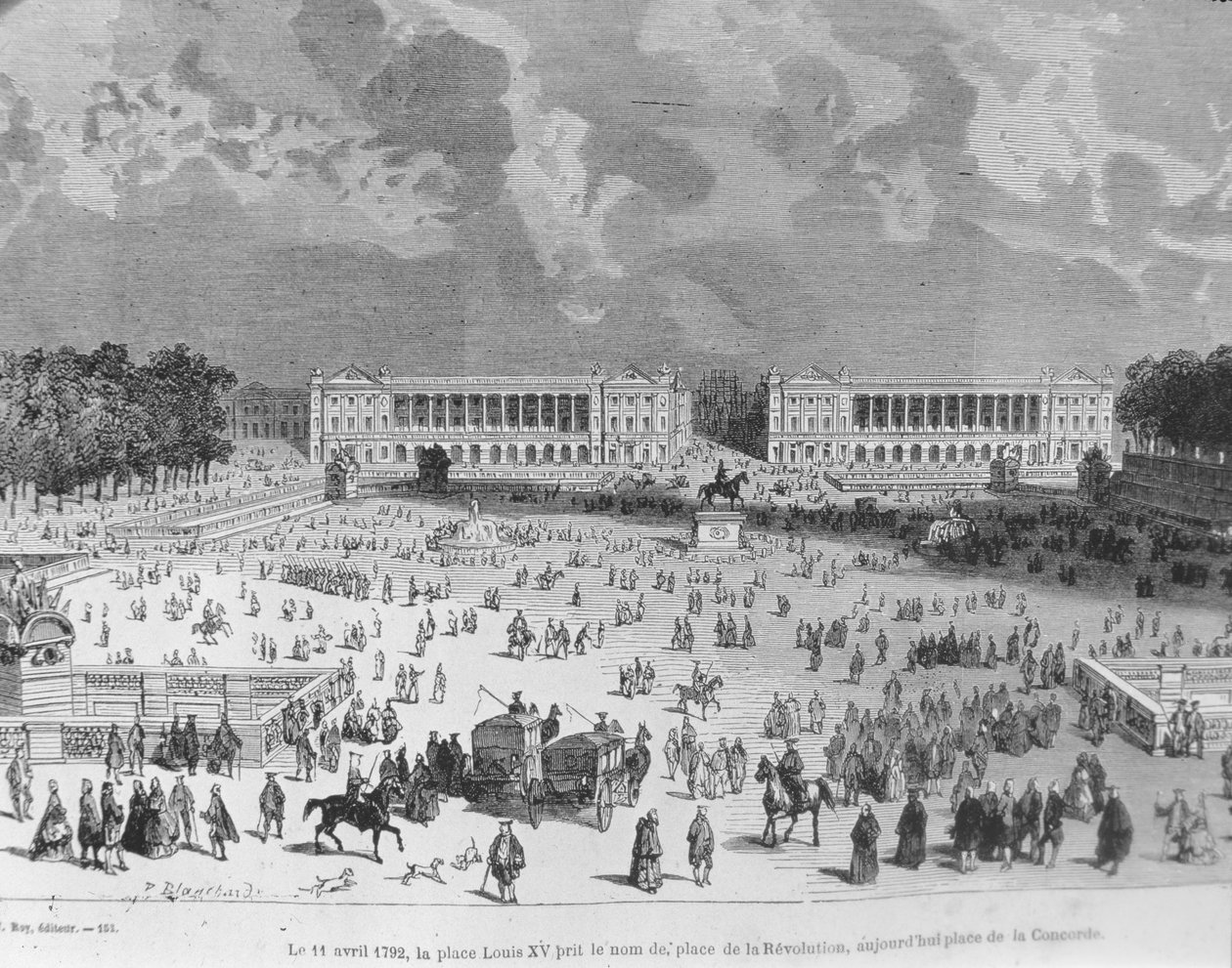 Huhtikuun 11. päivänä 1792 Place Louis XV nimettiin uudelleen Place de la Revolutioniksi, ja nykyään se on nimeltään Place de la Concorde, joka on kuvattu teoksesta "Paris a travers les siecles". H. Gourdon de Genouillac, Tome 3., 188, kirjoittanut H. Gour tekijältä Blanchard