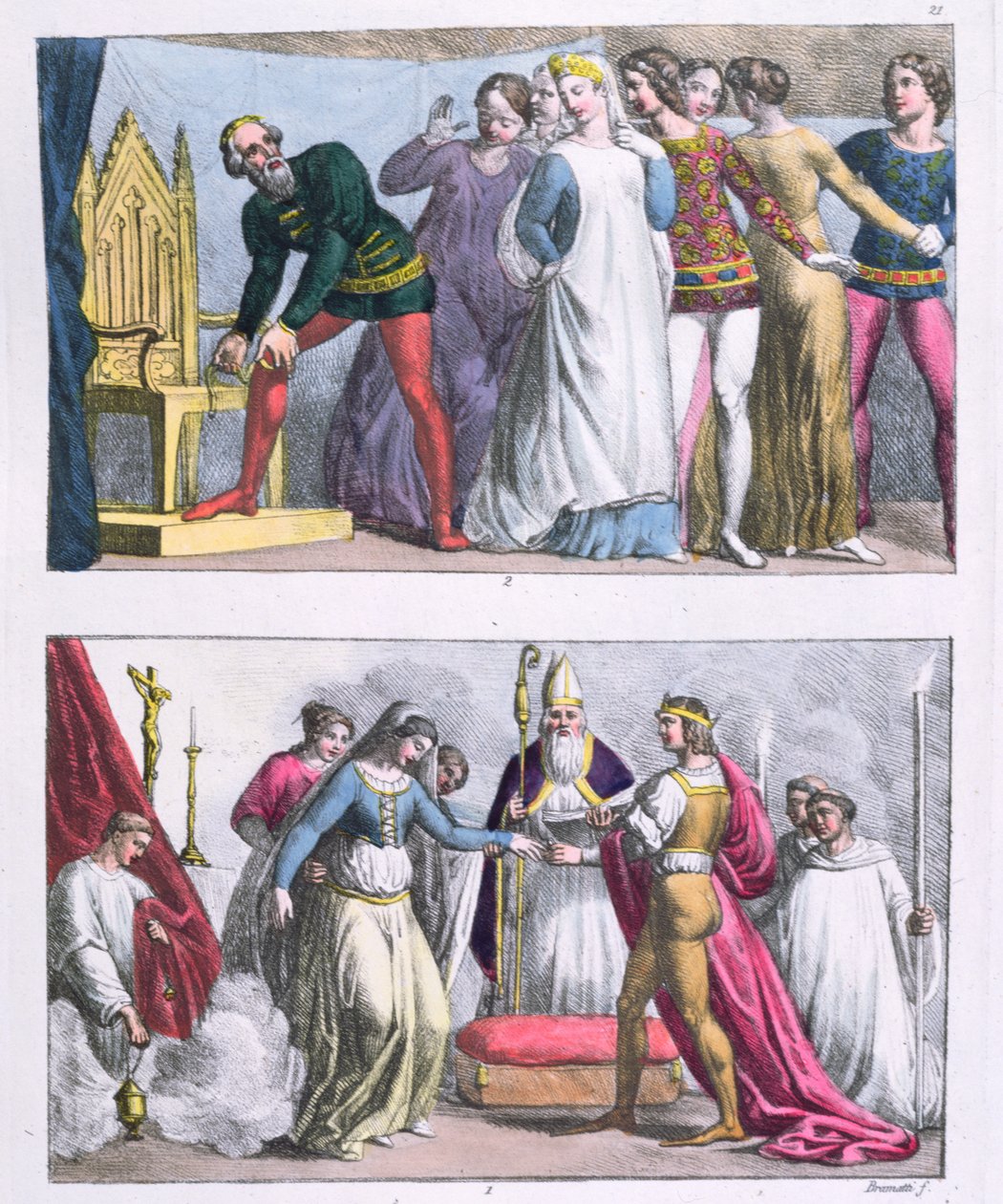 Edward III:n (1312-77) vuonna 1348 perustama ritarikunta ja Henrik I:n (1068-1135) avioliitto, Jules Ferrarion teoksesta "Le Costume Ancien et Moderne", noin 1820 (värikaiverrus). tekijältä G. and Raineri Bramatti