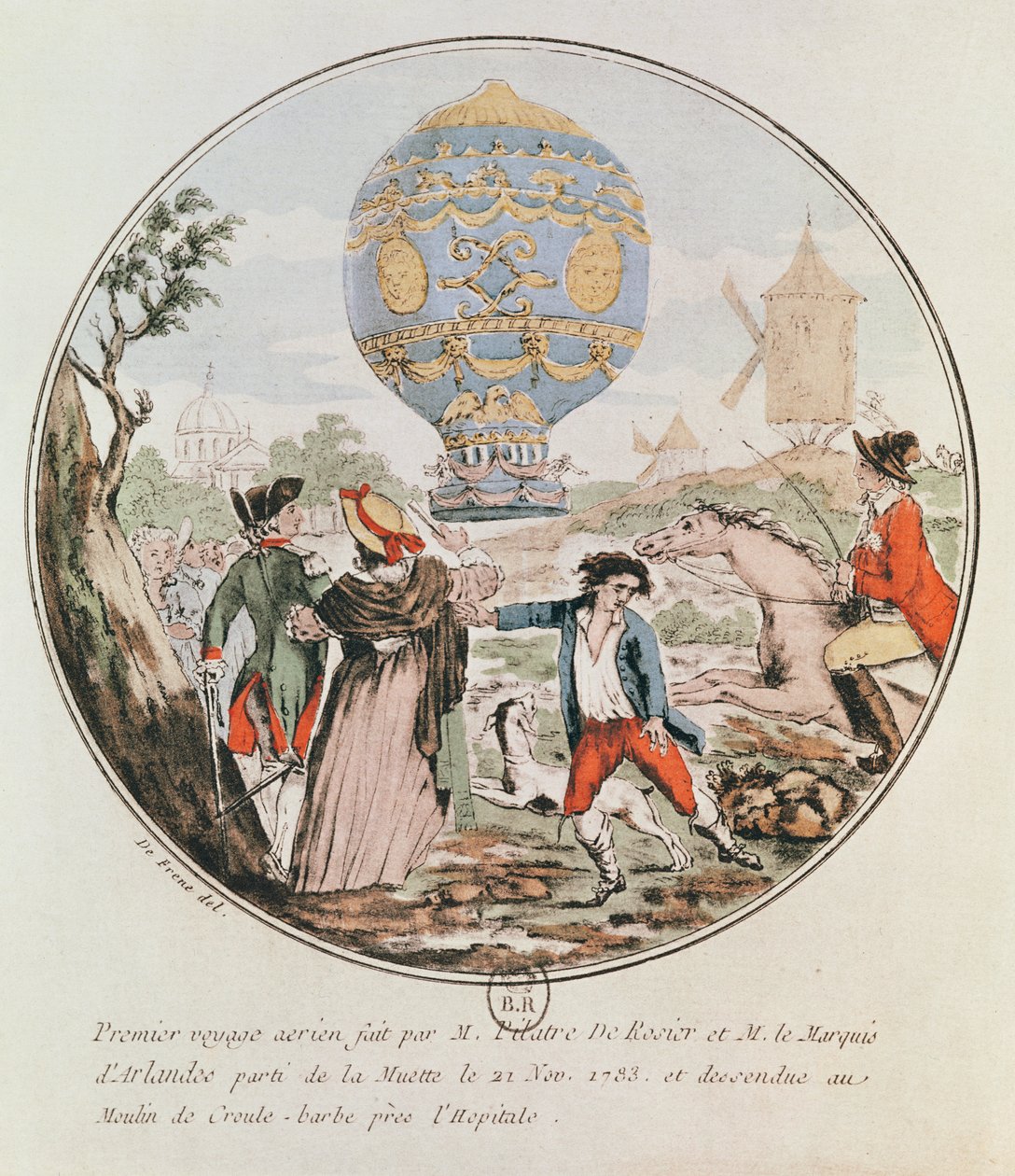 Monsieur Francois Pilatre de Rozierin (1754-85) ja Arlandesin markiisin (1742-1809) ensimmäinen ilmamatka Muettesta Croule-Barben tuulimyllylle, 21. marraskuuta 1783 tekijältä De Frene