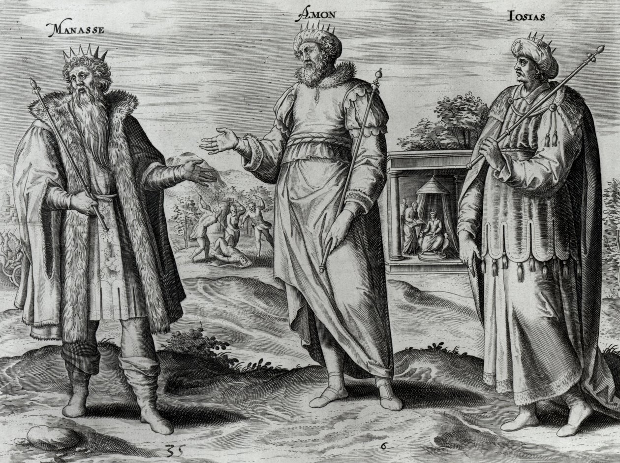 Manasse (697-642 eKr.) Amon (642-640 eKr.) ja Josia (640-609 eKr.) (kaiverrus) (bw-kuva) tekijältä Dutch School