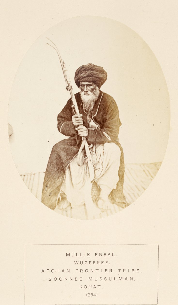 Mullik Ensal, Wuzeeree-heimon jäsen Afganistanin raja-heimosta, Kohatista, J. Forbes Watsonin teoksesta The People of India, julkaistu 1868 (albumiprintti) tekijältä English Photographer