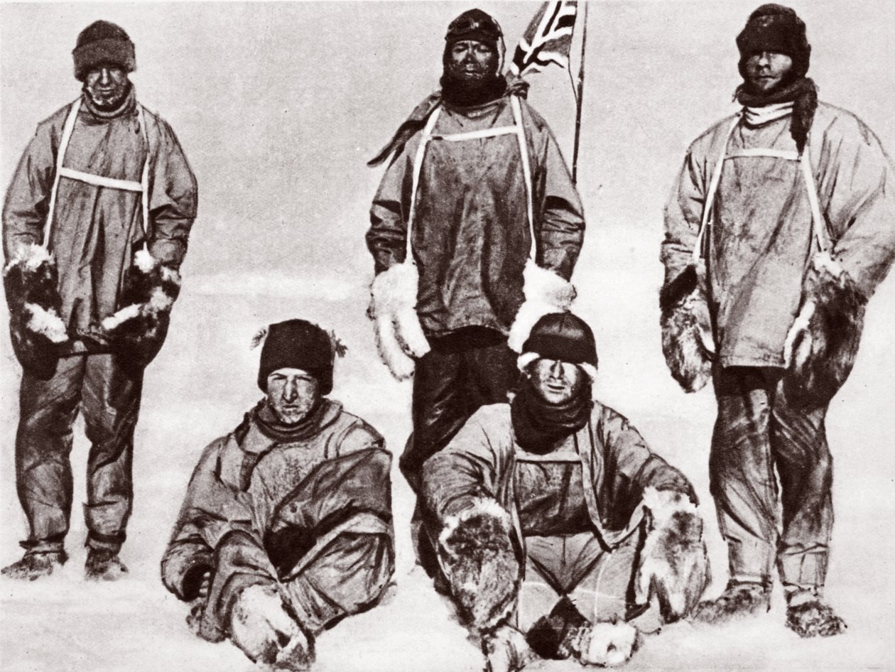 Scott, Wilson, Oates, Bowers ja Evans etelänavalla, 18. tammikuuta 1912 tekijältä English Photographer
