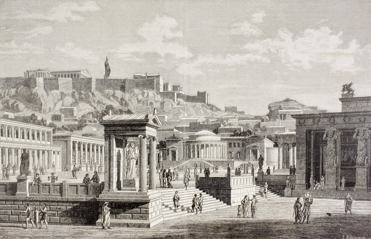 Kuvitteellinen näkymä Agoran torille Ateenassa, muinaisessa Kreikassa, "El Mundo Ilustradosta", julkaistu Barcelona, 1880 (litho) tekijältä European School