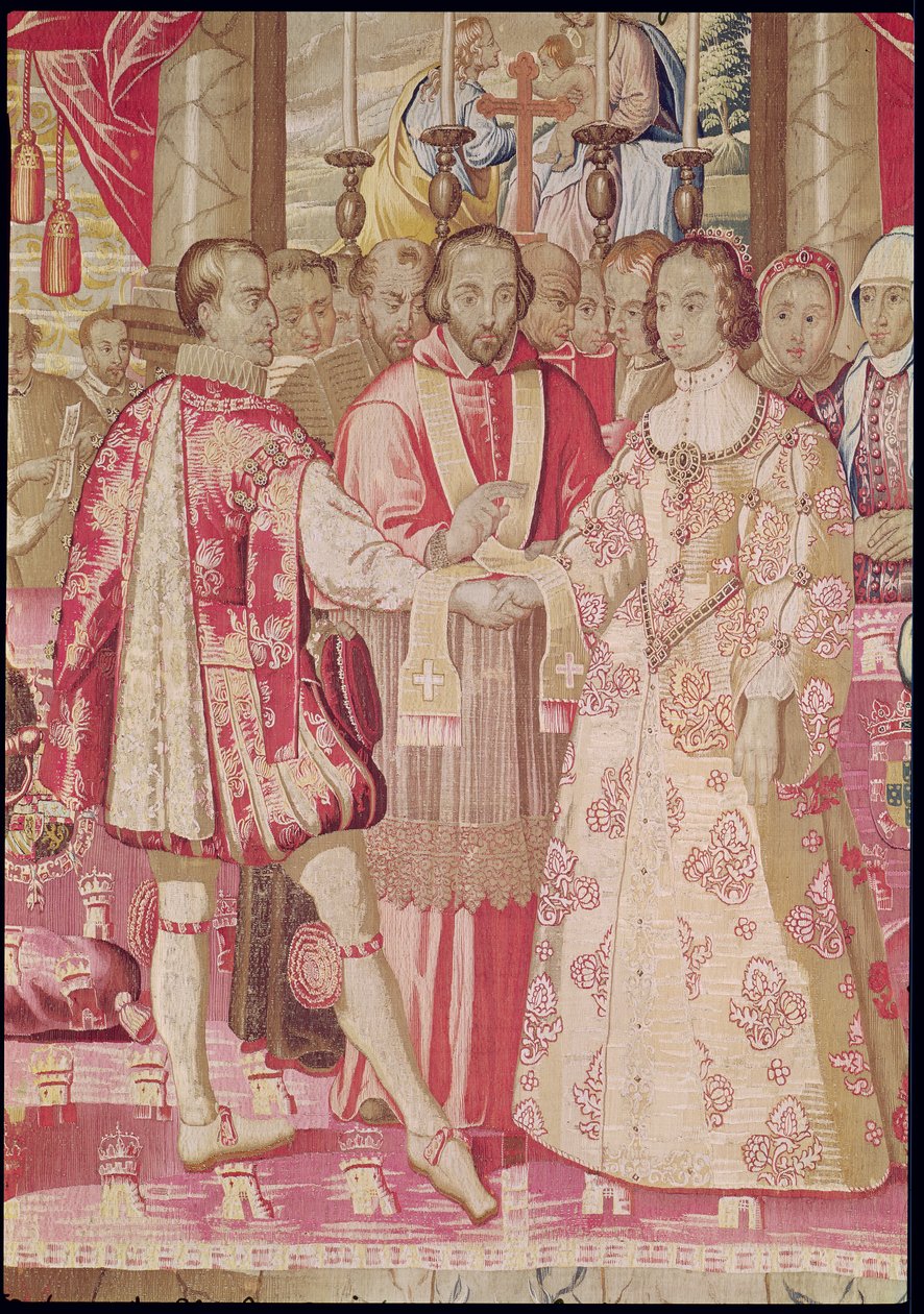 Kaarle V:n kuvakudos, joka kuvaa Kaarle V:n (1500-58) häitä Portugalin Isabellan (1503-39) kanssa vuonna 1526, yksityiskohta kardinaalin siunauksesta pariskunnalle, Bruggessa, n. 1630-40 (yksityiskohta 78692) tekijältä Flemish School