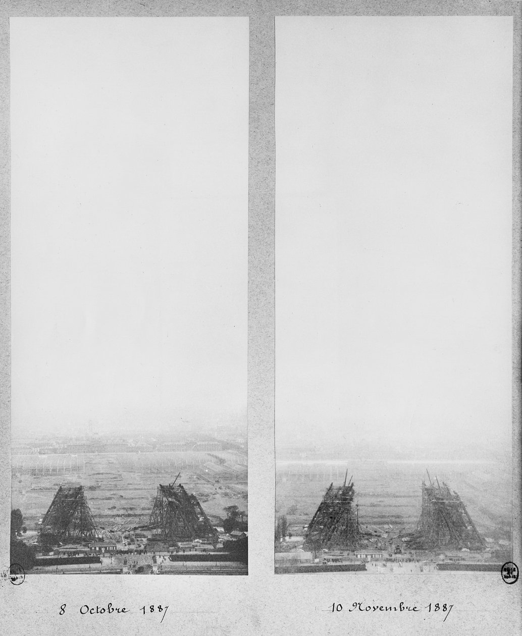 Kaksi näkymää Eiffel-tornin rakentamisesta, Pariisi, 8. lokakuuta ja 10. marraskuuta 1887 tekijältä French Photographer