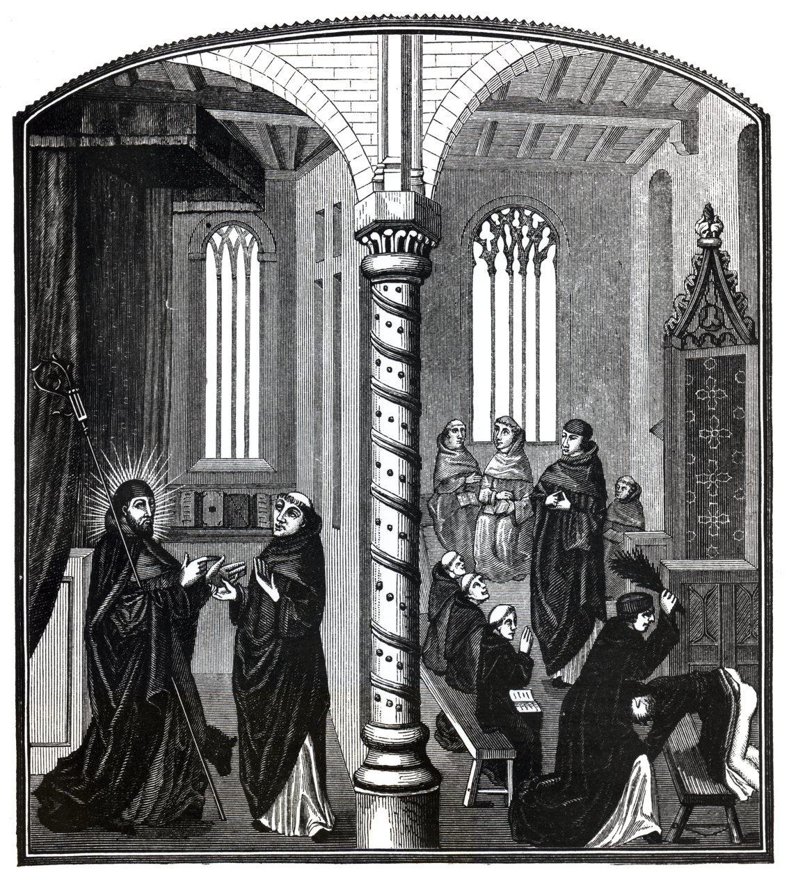 Koivu ryöstömunkkien koulussa, Ms.21,252, kuvitus teoksesta "Tiede ja kirjallisuus keskiajalla ja renessanssilla", kirjoittanut ja kaivertanut Paul Lacroix, 1878 (s. tekijältä French School