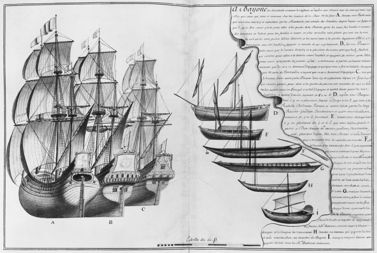 Hollantilainen kauppa-alus, pinasses-nimellä tunnettuja veneitä ja erilaisia pieniä veneitä, Bayonne, kuvitus teoksesta "Desseins des differentes manieres de vaisseaux...deouis Nantes jusqu