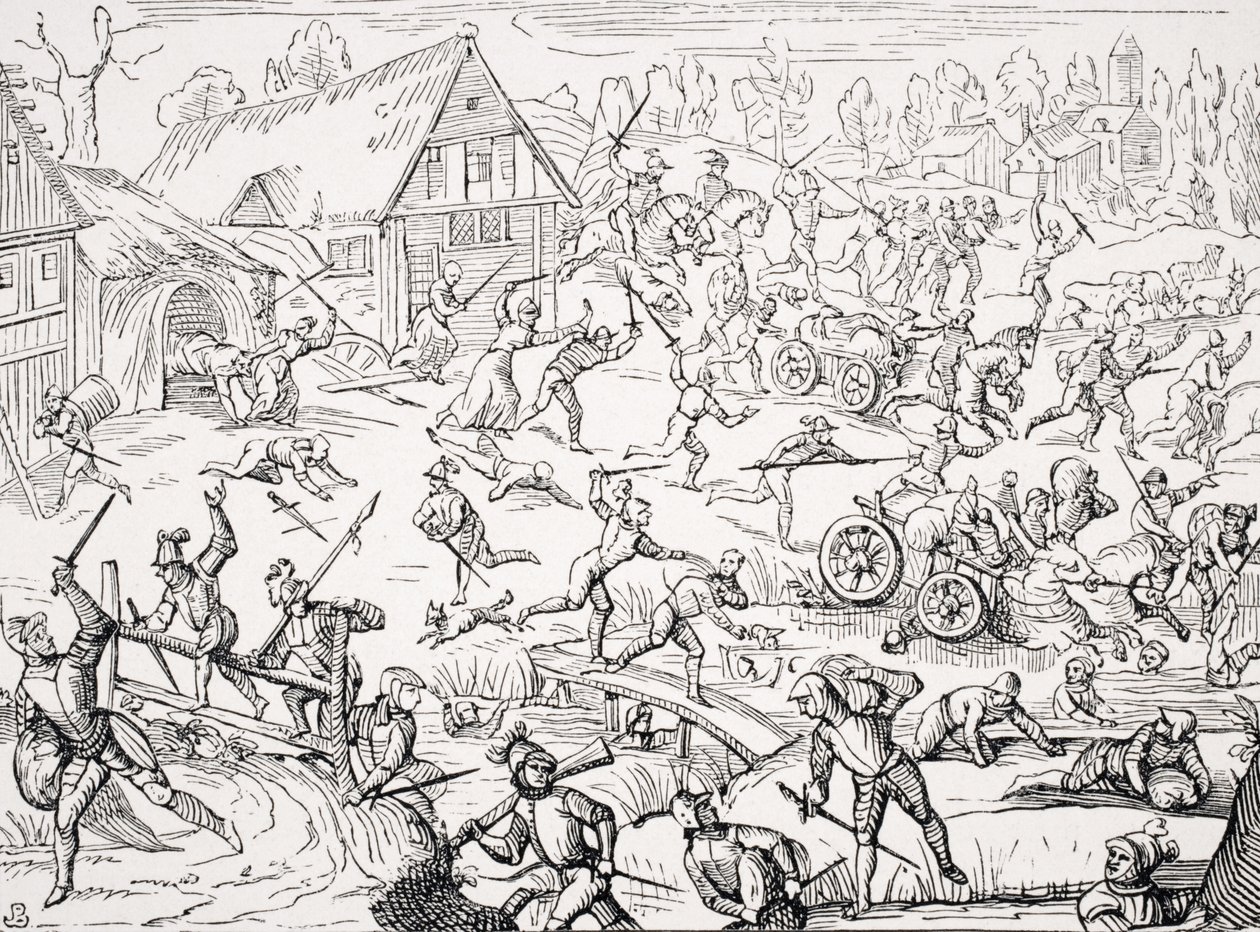 Sotilaiden ryöstetty kylä, kopio Hamelmannin "Oldenburgisches Chroniconin" puupiirroksesta, julkaistu 1599, Paul Lacroixin (1806-84) "Le Moyen Age et La Renaissance", julkaistu 1847 tekijältä French School