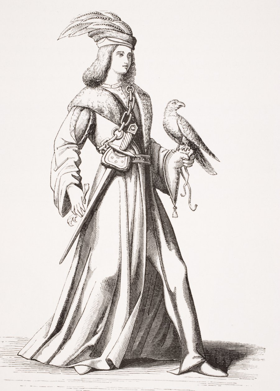 Provencen aatelinen 1400-luvulla Jean Baptiste Bonnartin (1654-1726) teoksessa "Puvut kymmenennestä kuudennelle vuosisadalle" olevan kuvituksen mukaan, joka on peräisin teoksesta "Le Moyen Age et La Renaissance", jonka on laatinut Paul La tekijältä French School
