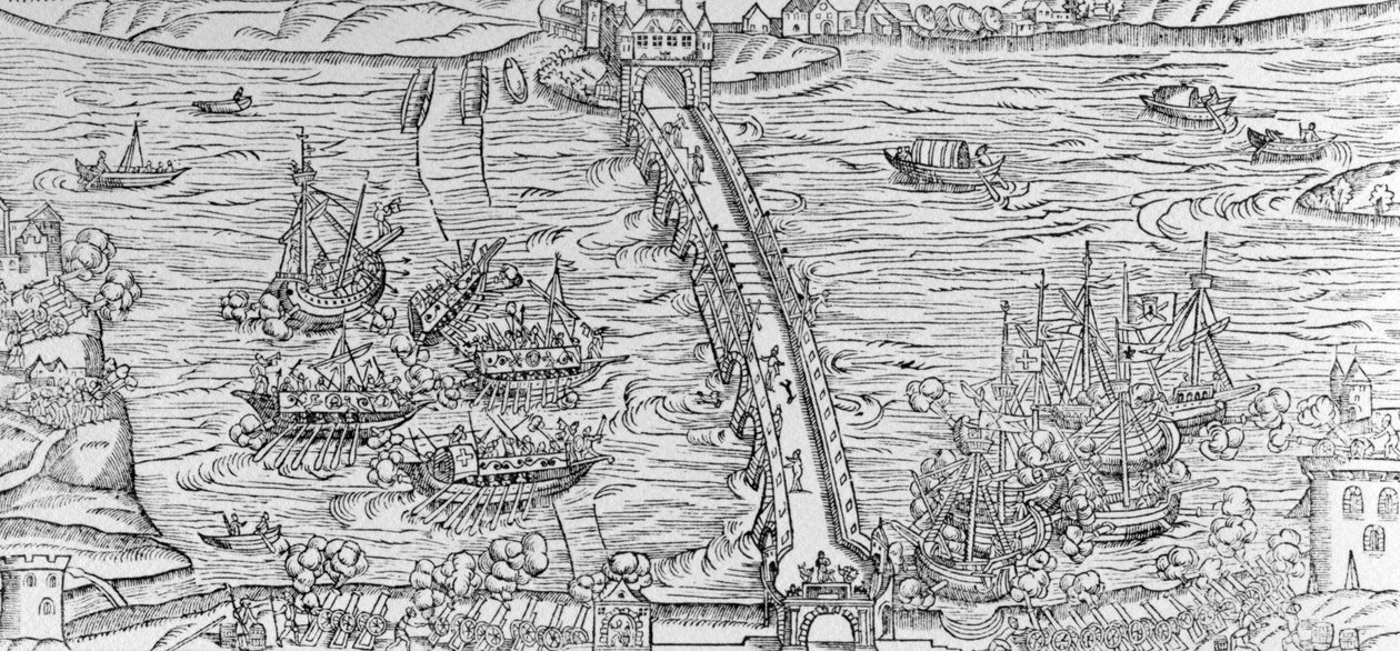 Rekonstruktio meritaistelusta, joka suoritettiin Seine-joella Henri IV:n edessä vuonna 1596, kuva teoksesta "Discours de la Ioyeuse et triomphante entree de Henry IIII faicte en sa ville de Rouën" tekijältä French School