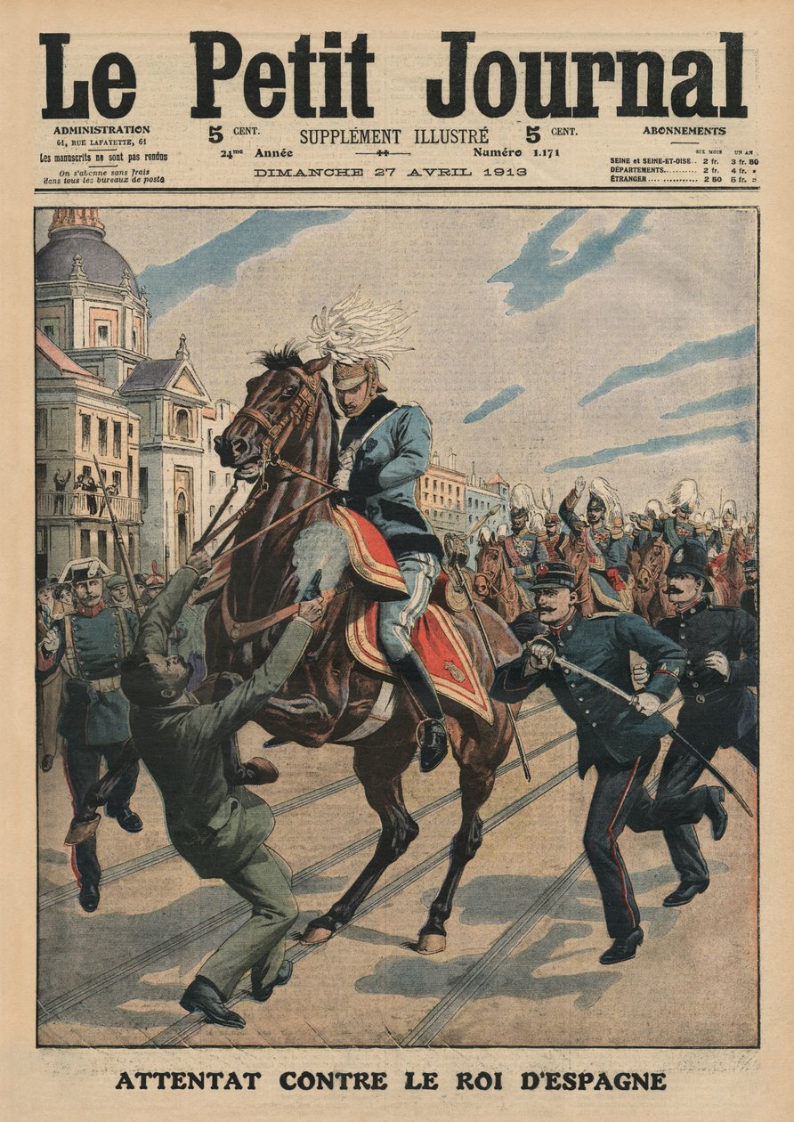 Salamurhayritys Espanjan kuningas Alfonso XIII:ta vastaan, etukannen kuva Le Petit Journalista, liitekuva, 27. huhtikuuta 1913 tekijältä French School