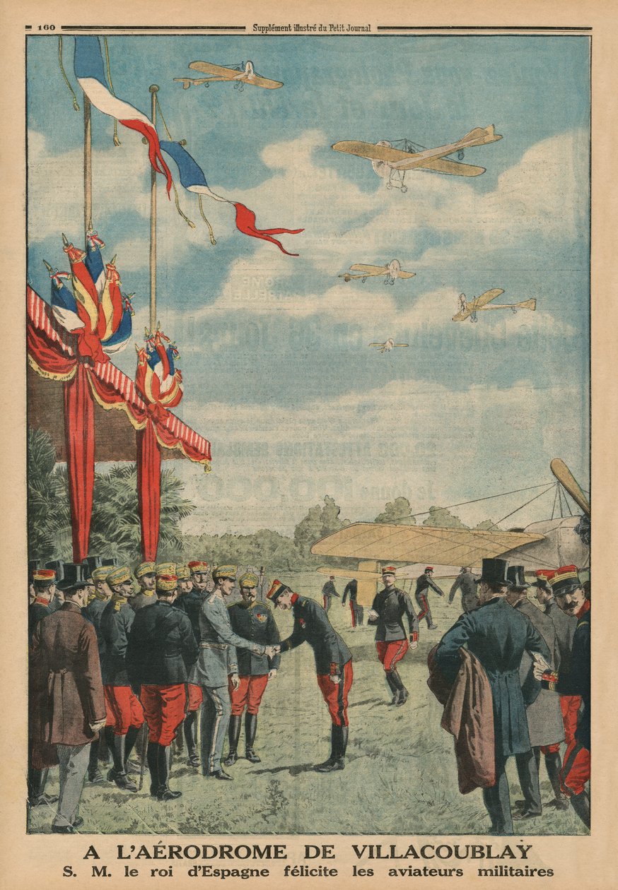 Villacoublayn lentopaikalla Espanjan kuningas H. M. Alfonso XIII onnittelee ilmavoimien lentäjiä, takakannen kuva Le Petit Journalista, liitekuva, 18. toukokuuta 1913 tekijältä French School