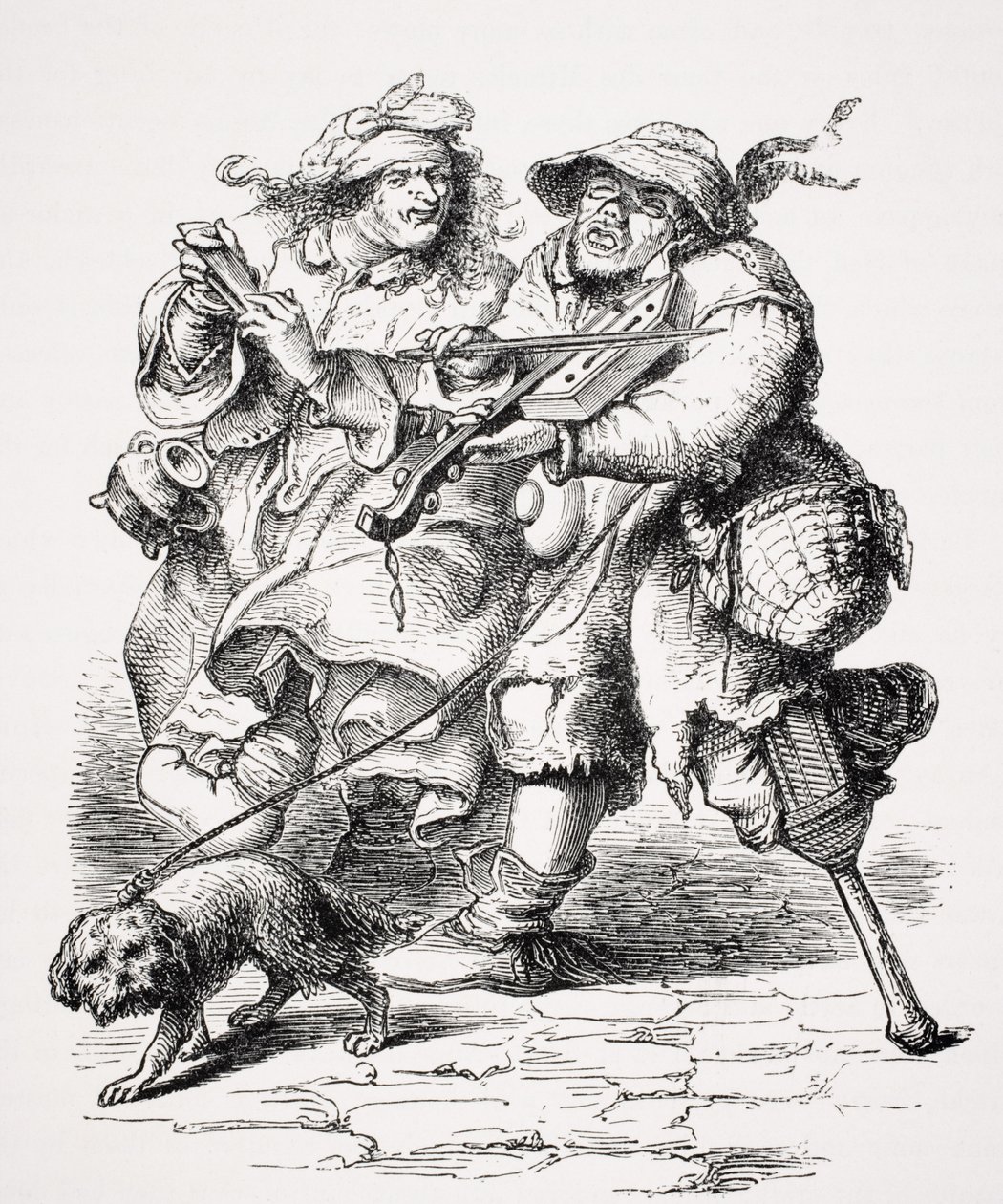 Kerjäläinen soittaa viulua, vaimo säestää häntä luiden kanssa, 1600-luvun kaiverruksen mukaan, Paul Lacroix