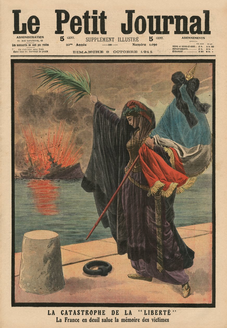 Predreadnought-taistelulaiva Liberte katastrofi, Ranska uhrien surussa, etukannen kuva Le Petit Journalista, liitekuva, 8. lokakuuta 1911 tekijältä French School