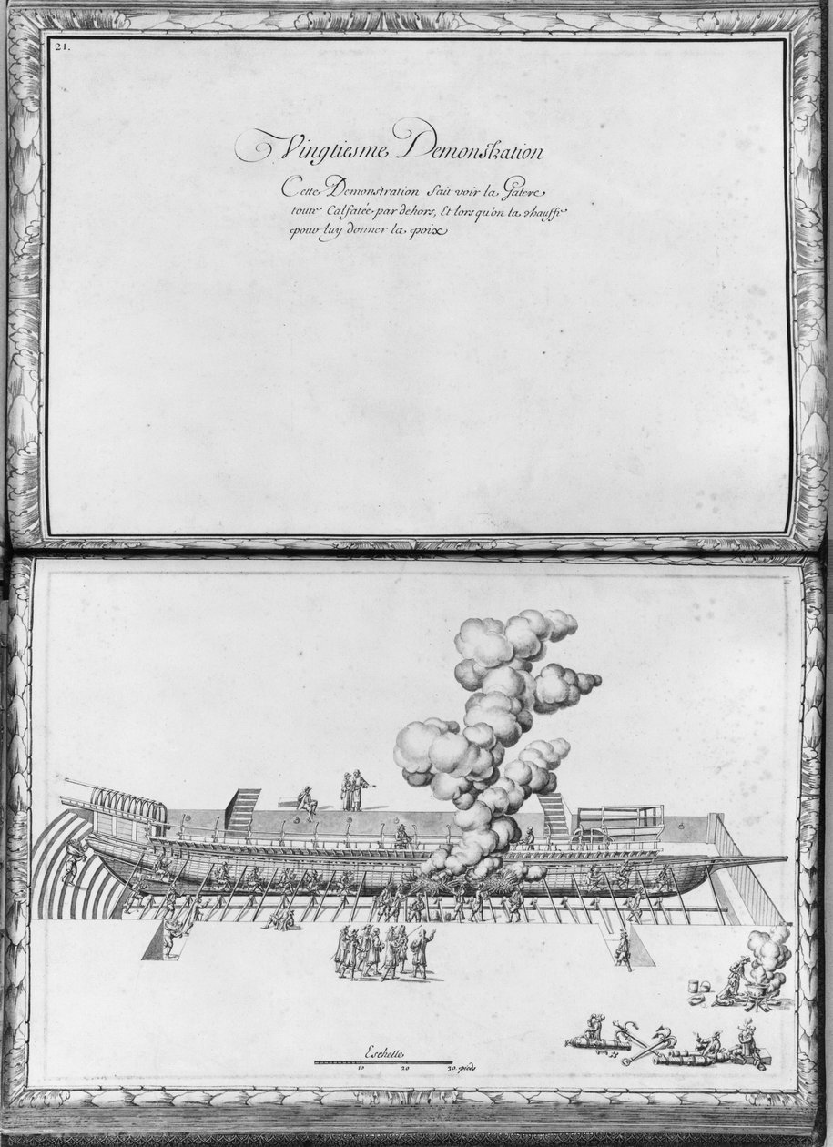 Keittiön tiivistäminen, kahdeskymmenes esittely, levy 21, kuva julkaisusta "Demonstrations de toutes les pieces de bois, cloux et ferremens qui entrent dans la construction d