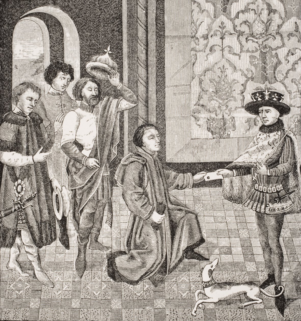Charles, Pepinin vanhin poika, sai uutisen isänsä kuolemasta, faksimile pienoiskuvasta "History of the Emperors", Paul Lacroixin (1806-84) "Le Moyen Age et La Renaissance" -julkaisusta. tekijältä French School