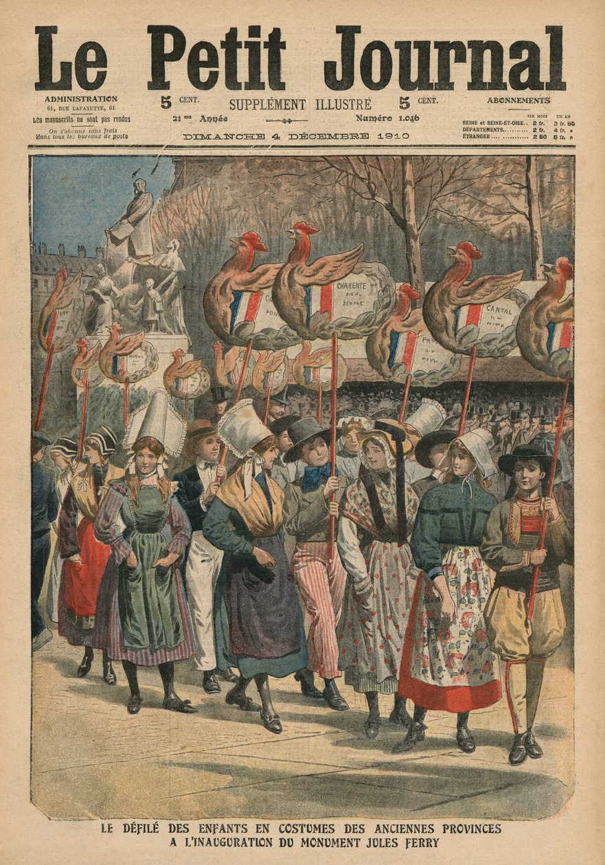 Lapset pukeutuneet maakuntien pukuihin, jotka kulkuevat Jules Ferry -monumentin avajaisissa Pariisissa, kuvitus "Le Petit Journalista", liitekuva, 4. joulukuuta 1910 (väri litteä tekijältä French School