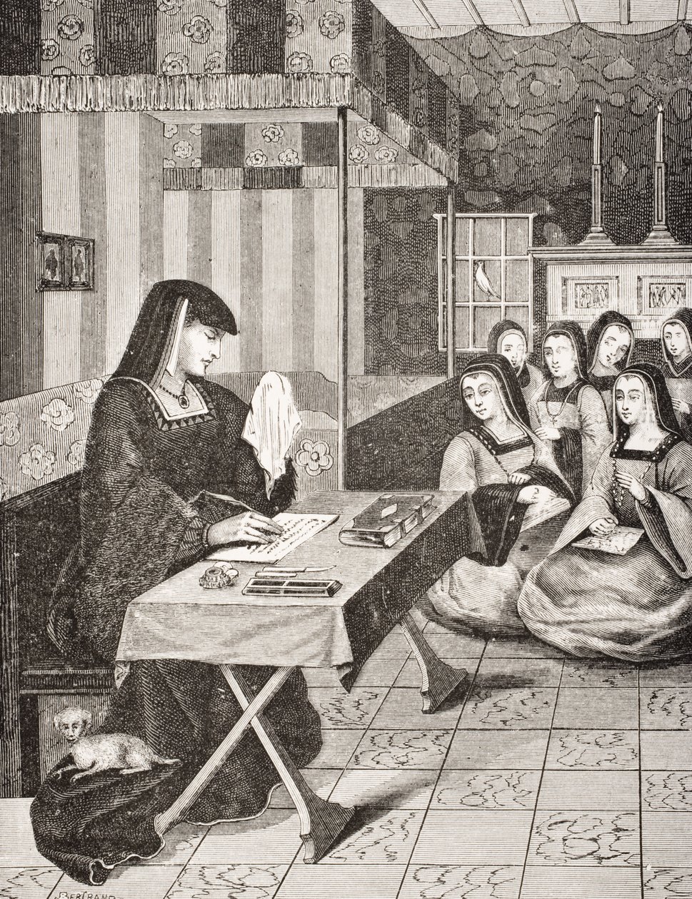 Bretagnen kuningatar Annen (1477-1514) naisten hovi 1500-luvun pienoismallin "Epistres Envoyees au Roi" jälkeen Paul Lacroix