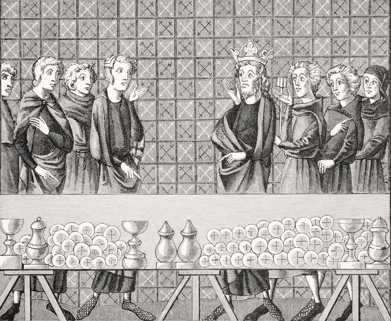Hovimiehet keräävät rikkauksia köyhien kustannuksella 1300-luvun käsikirjoituksen "Tresor of Brunetto Latini" pienoismallin jälkeen Paul Lacroixin (1806-84) teoksesta "Le Moyen Age et La Renaissance" tekijältä French School