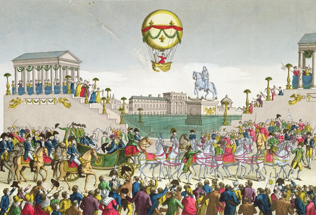 Ludvig XVIII:n (1755-1824) saapuminen Pariisiin 4. toukokuuta 1814 (värinen kaiverrus) tekijältä French School