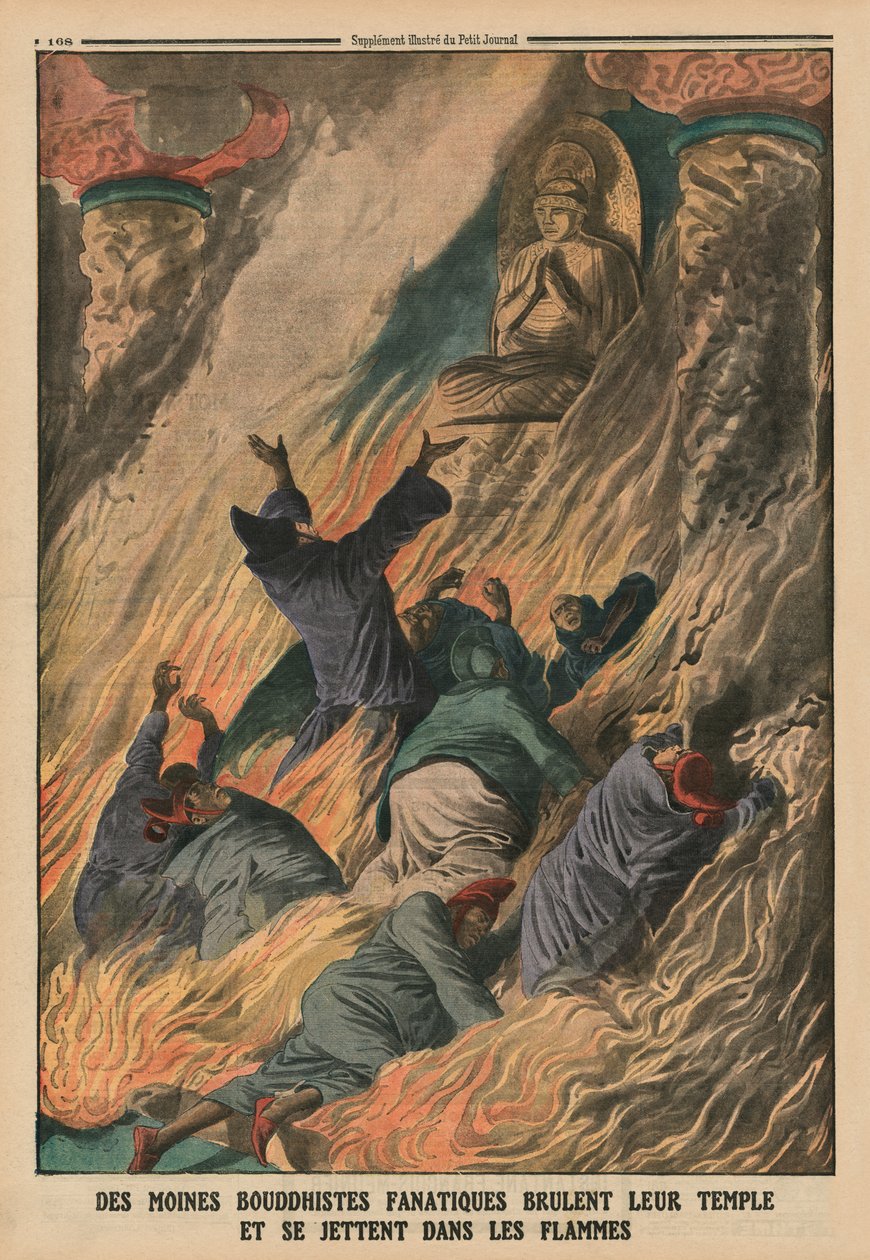 Fanaattiset buddhalaiset munkit sytyttivät temppelinsä tuleen ja heittävät itsensä liekkeihin, Formosan saari, takakannen kuva Le Petit Journalista, liitekuva, 25. toukokuuta 1913 (värivalaistu tekijältä French School